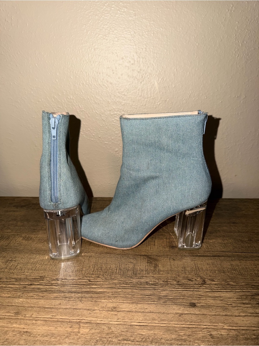Women's Denim Ankle Boots with Clear Block Heel